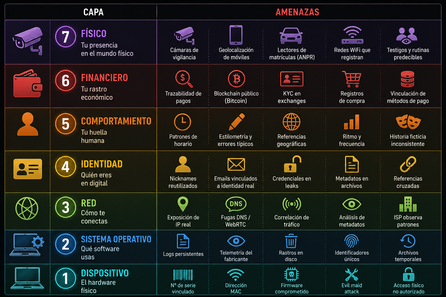 Las 7 capas del anonimato con amenazas y contramedidas