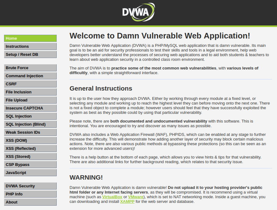 Panel de DVWA mostrando las categorías de vulnerabilidades